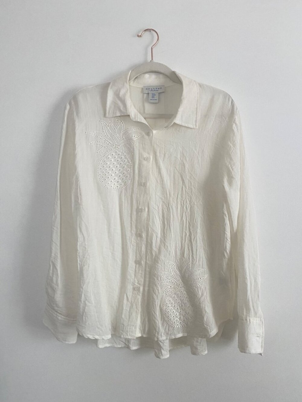 Calypso St. Barth White Button-Down Shirt With Pineapple Eyelet Design Size M